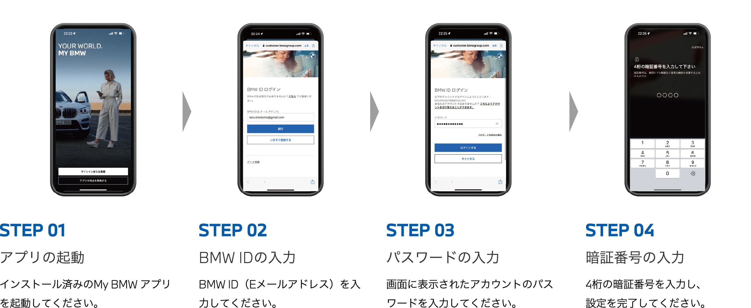 STEP01 アプリの起動 インストール済みのMy BMW アプリを起動してください。　STEP02 BMW IDの入力 BMW ID（Eメールアドレス）を入力してください。　STEP03 パスワードの入力 画面に表示されたアカウントのパスワードを入力してください。　STEP04 暗証番号の入力 4桁の暗証番号を入力し、設定を完了してください。